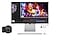 There is a colorful image and a working tool on the monitor. In the image, there're 4K and 5K texts, which mean the 5K has bigger space than 4K. Under the monitor, there's DCI-P3 99% and 218 PPI texts as well. In front of it, there're a camera, keyboard, and mouse.