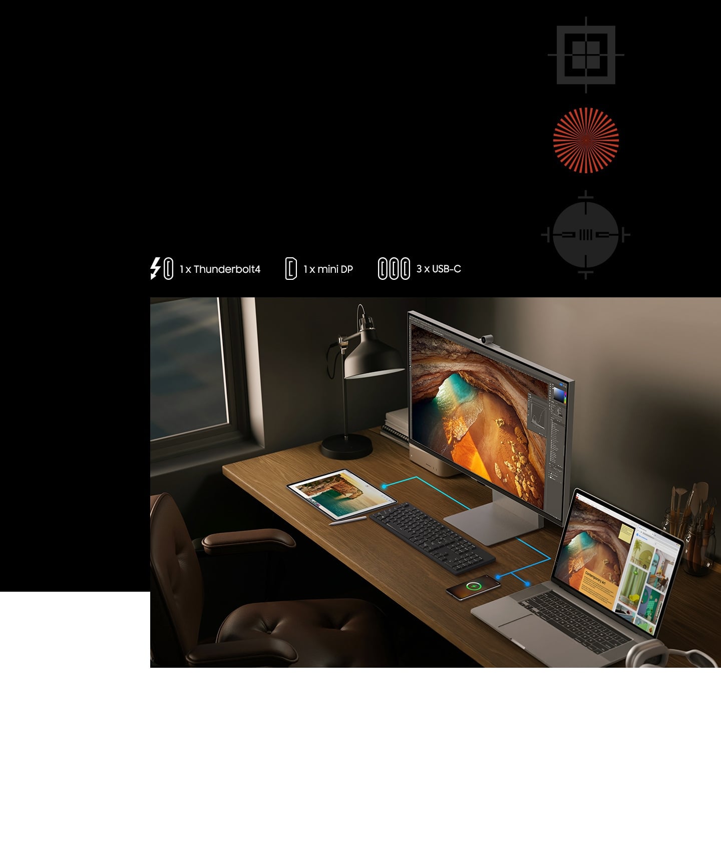 There is a monitor on the desk, and a laptop, tablet, and mobile phone are connected to the monitor. And there are some icons that represent 1 Thunderbolt4, 1 DP, and 3 USB type-C.