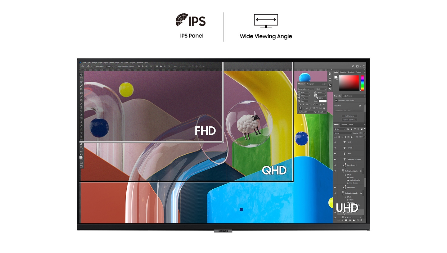 L'&eacute;cran est divis&eacute; en trois segments superpos&eacute;s, illustrant la diff&eacute;rence entre les r&eacute;solutions FHD, QHD et UHD. &Agrave; droite de l'&eacute;cran se trouve une barre d'outils d'&eacute;dition. Au-dessus de l'&eacute;cran se trouvent deux logos&nbsp;: &laquo;&nbsp;Panneau IPS&nbsp;&raquo; et &laquo;&nbsp;Grand angle de vision&nbsp;&raquo;.