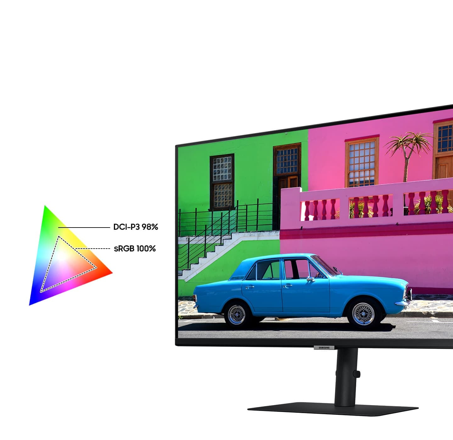Un moniteur S80PB est plac&eacute;, montrant la palette de couleurs lat&eacute;ralement et affichant la prise en charge des couleurs DCI-P3 &agrave; 98 % et sRGB &agrave; 100 %.