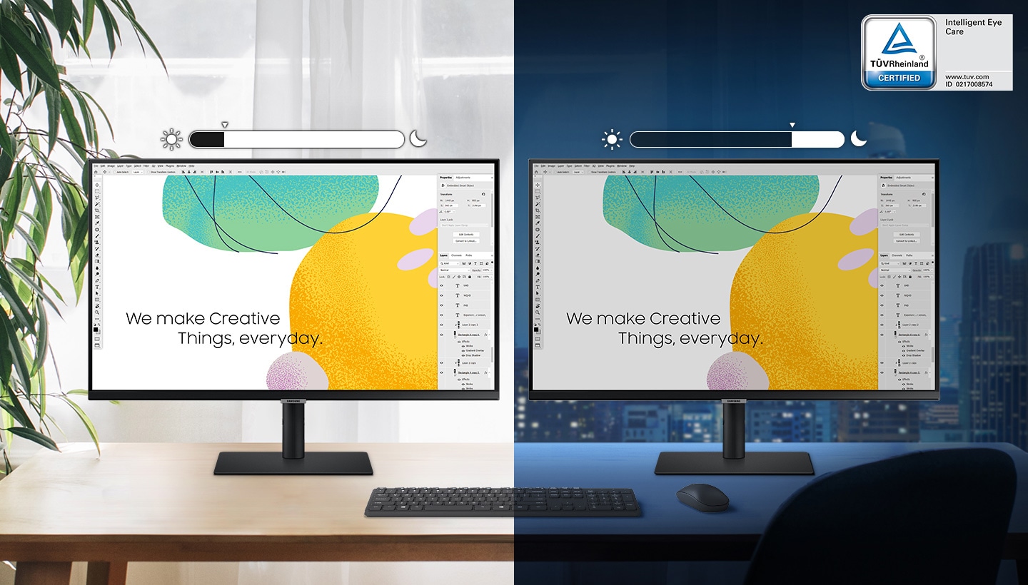 Deux &eacute;crans identiques et leurs supports sont dispos&eacute;s c&ocirc;te &agrave; c&ocirc;te sur un bureau, avec un clavier et une souris sur le bureau en face. L'&eacute;cran de gauche affiche une luminosit&eacute; &eacute;lev&eacute;e le jour, tandis que celui de droite affiche une luminosit&eacute; faible la nuit. Deux barres de niveau de luminosit&eacute;, situ&eacute;es au-dessus de chaque &eacute;cran, indiquent la luminosit&eacute; des &eacute;crans&nbsp;: l'indicateur est plac&eacute; &agrave; gauche pour un &eacute;cran clair et &agrave; droite pour un &eacute;cran plus sombre. Dans le coin sup&eacute;rieur droit de l'&eacute;cran figure le logo &laquo;&nbsp;Intelligent Eye Care&nbsp;&raquo; certifi&eacute; par T&Uuml;V Rheinland, avec l'adresse du site web &laquo;&nbsp;www.tuv.com&nbsp;&raquo; et le num&eacute;ro d'identification&nbsp;0217008574.