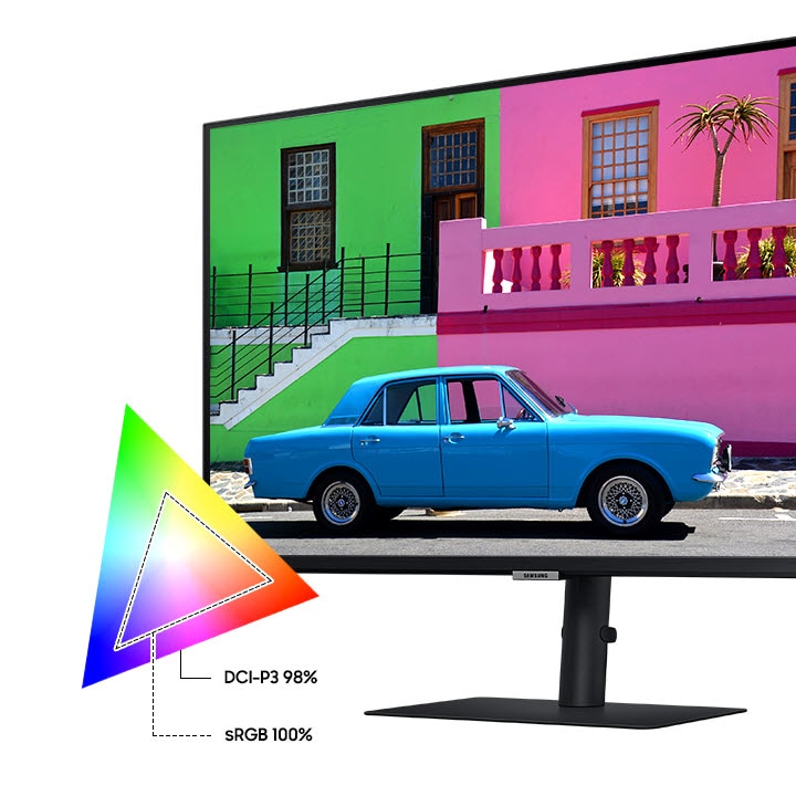 Un moniteur S80PB est plac&eacute;, montrant la palette de couleurs lat&eacute;ralement et affichant la prise en charge des couleurs DCI-P3 &agrave; 98 % et sRGB &agrave; 100 %.