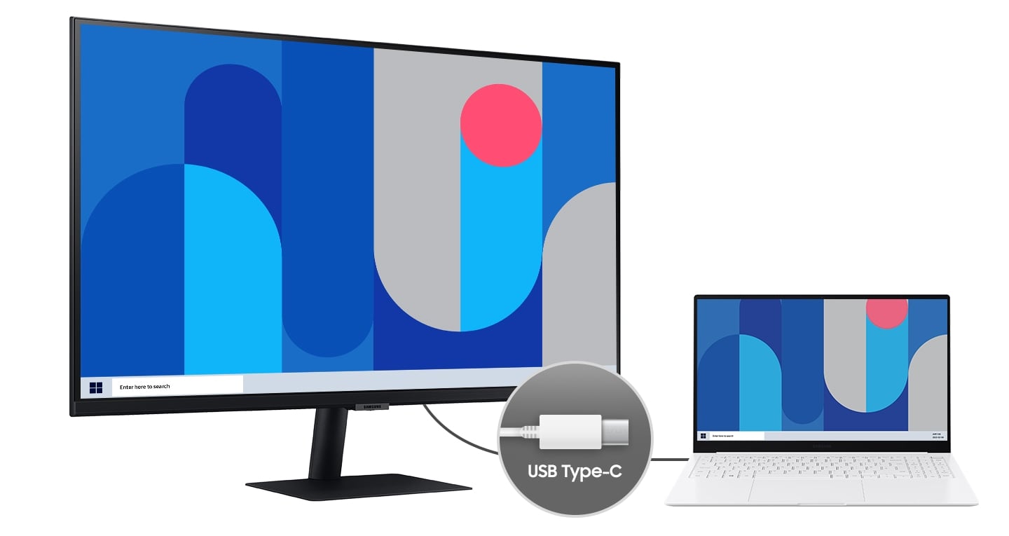 Le moniteur est connect&eacute; &agrave; un ordinateur portable sur la droite via un c&acirc;ble, chacun d&eacute;montrant la connectivit&eacute; USB Type-C : capacit&eacute; de charge jusqu'&agrave; 90 W, connectivit&eacute; Ethernet, capacit&eacute;s de transfert de donn&eacute;es, signal d'affichage et capacit&eacute; de mise en miroir de l'&eacute;cran.