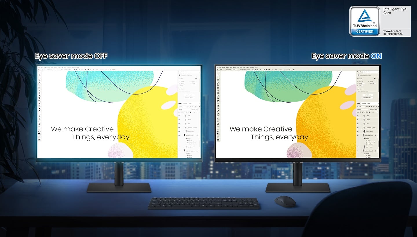 Deux &eacute;crans identiques et leurs supports sont dispos&eacute;s c&ocirc;te &agrave; c&ocirc;te sur un bureau, avec un clavier et une souris sur le bureau en face. L'&eacute;cran de gauche affiche une luminosit&eacute; &eacute;lev&eacute;e le jour, tandis que celui de droite affiche une luminosit&eacute; faible la nuit. Deux barres de niveau de luminosit&eacute;, situ&eacute;es au-dessus de chaque &eacute;cran, indiquent la luminosit&eacute; des &eacute;crans&nbsp;: l'indicateur est plac&eacute; &agrave; gauche pour un &eacute;cran clair et &agrave; droite pour un &eacute;cran plus sombre. Dans le coin sup&eacute;rieur droit de l'&eacute;cran figure le logo &laquo;&nbsp;Intelligent Eye Care&nbsp;&raquo; certifi&eacute; par T&Uuml;V Rheinland, avec l'adresse du site web &laquo;&nbsp;www.tuv.com&nbsp;&raquo; et le num&eacute;ro d'identification&nbsp;0217008574.