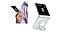 Une personne tient verticalement un smartphone Galaxy Z Flip5 d&eacute;pli&eacute;, muni d'une coque transparente avec support amovible. &Agrave; c&ocirc;t&eacute;, le smartphone est plac&eacute; verticalement sur une surface, l'anneau de maintient servant de support.