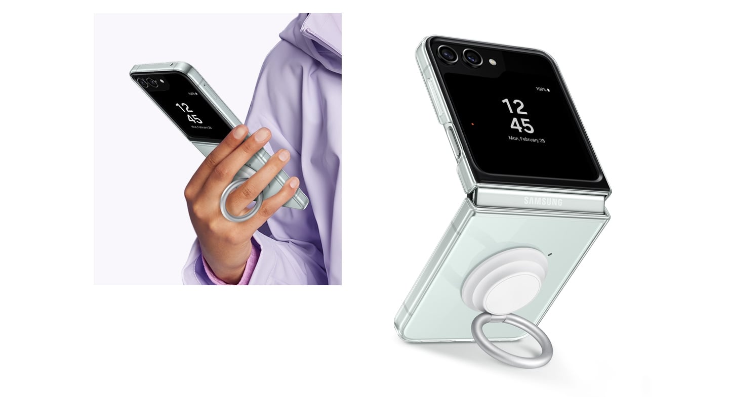 Une personne tient verticalement un smartphone Galaxy Z Flip5 d&eacute;pli&eacute;, muni d'une coque transparente avec support amovible. &Agrave; c&ocirc;t&eacute;, le smartphone est plac&eacute; verticalement sur une surface, l'anneau de maintient servant de support.