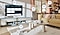 The SmartThings UI is on display on the TV. Wi-Fi icons are floating on top of the TV, vacuum robot, air purifie and lights.