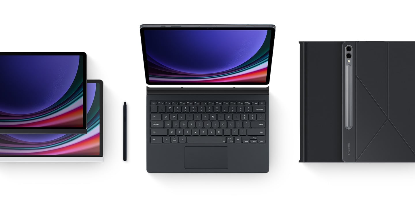 Une disposition de plusieurs accessoires Galaxy Tab S9+, y compris un Book Cover Keyboard, un &eacute;tui anti-espion, un &eacute;tui Note View, deux Book Cover Hybride et un S Pen sont plac&eacute;s &agrave; c&ocirc;t&eacute; de la Galaxy Tab S9+.