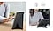 Une femme utilisant la Galaxy Tab A9 avec Book Cover, debout en mode portrait avec un support pliable. On voit une femme utilisant l&rsquo;appareil horizontalement avec le support repli&eacute; en mode paysage.