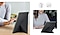 Une femme utilisant la Galaxy Tab A9+ avec Book Cover, debout en mode portrait avec un support pliable. On voit une femme utilisant l&rsquo;appareil horizontalement avec le support repli&eacute; en mode paysage.
