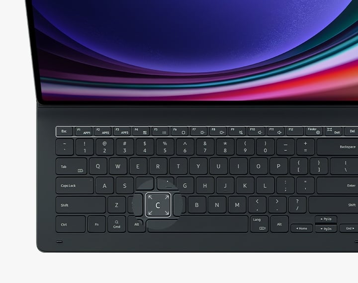 Vue avant du clavier du Book Cover Keyboard fin avec les touches de fonction en surbrillance. Une touche est mise en surbrillance pour souligner sa grande taille.