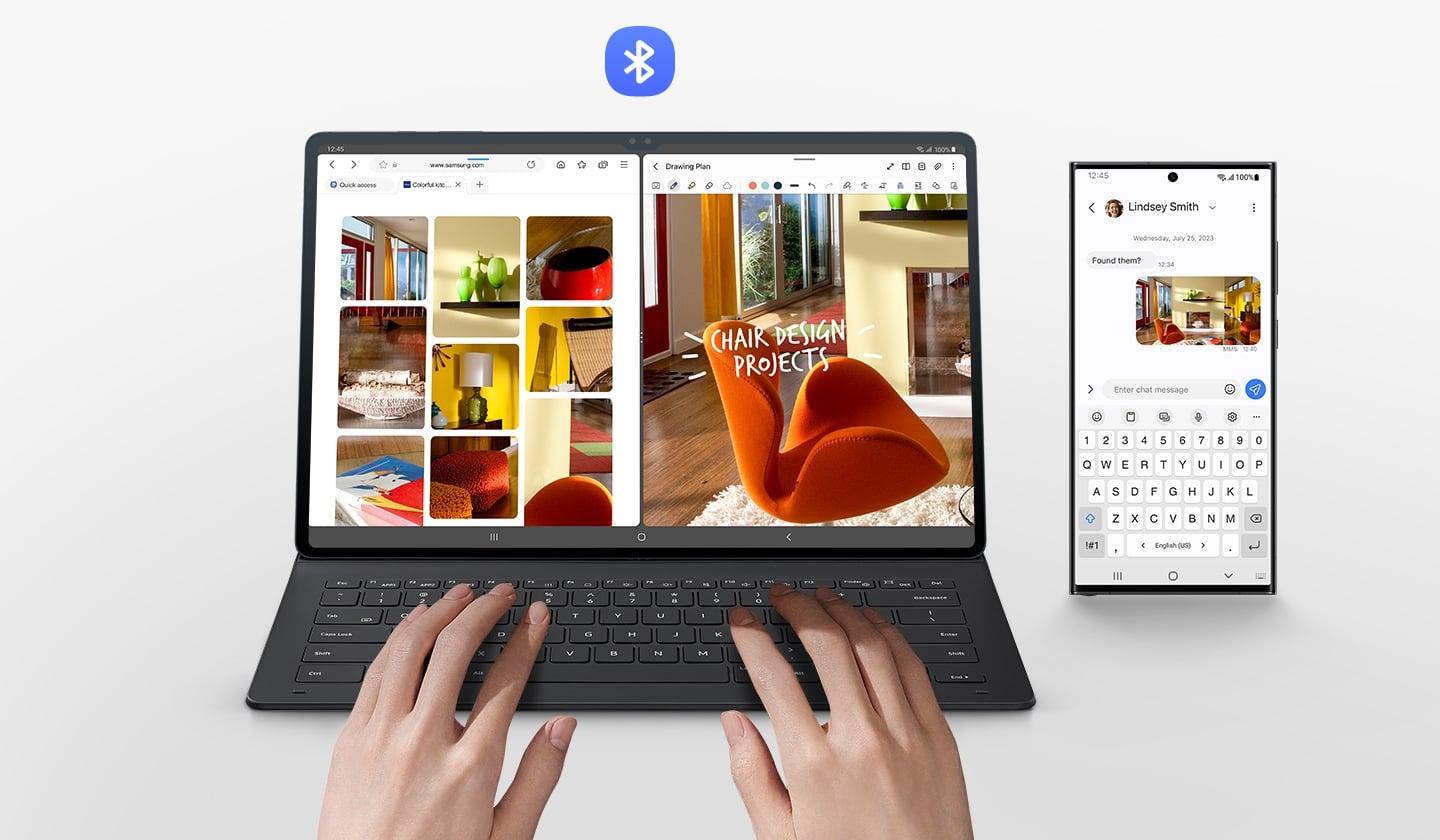 Une personne utilise la Galaxy Tab S9 Ultra avec le Book Cover Keyboard fin. Son &eacute;cran est divis&eacute; en deux fen&ecirc;tres avec plusieurs r&eacute;sultats d&rsquo;images de mobilier d&rsquo;int&eacute;rieur sur le Web, et l&rsquo;une des images en cours de modification. Un smartphone Galaxy avec l&rsquo;image &agrave; l&rsquo;&eacute;cran pendant que les lettres sont tap&eacute;es avec le clavier de l&rsquo;&eacute;tui. Le logo Bluetooth est affich&eacute;.