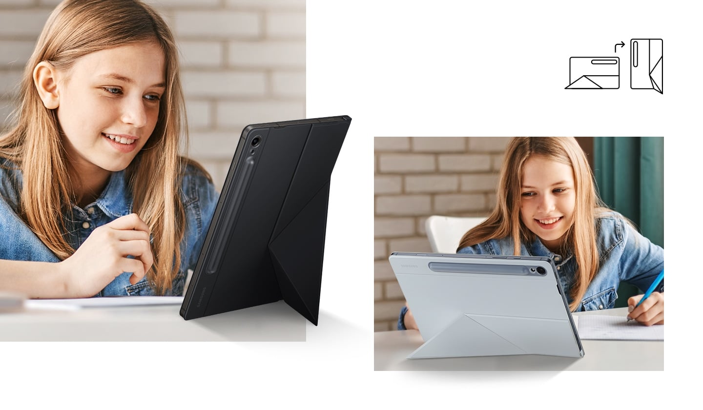 Une jeune fille utilise la Galaxy Tab S9 avec un Book Cover Hybride, plac&eacute; verticalement et soutenu par un support. &Agrave; c&ocirc;t&eacute;, on la voit utiliser l'appareil &agrave; l'horizontale avec un support au dos.