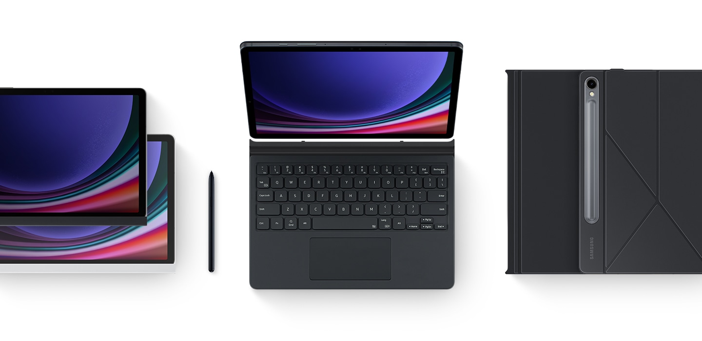 Une disposition de plusieurs accessoires pour Galaxy Tab S9, y compris un Book Cover Keyboard, un &eacute;tui anti-espion, un Etui Note View, deux Book cover hybride et un S Pen sont plac&eacute;s &agrave; c&ocirc;t&eacute; de la Galaxy Tab S9.