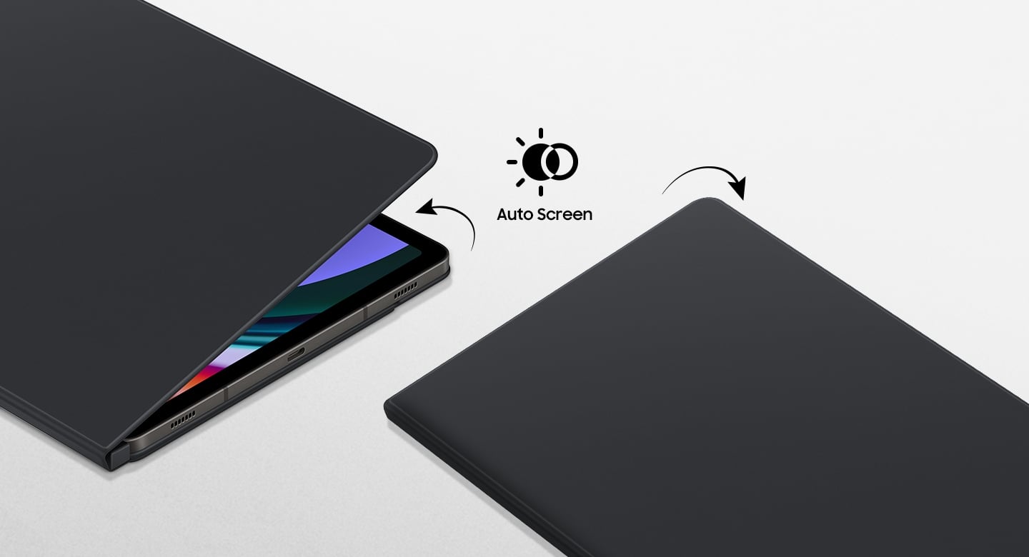 Deux appareils Galaxy Tab S9 &eacute;quip&eacute;s d'un Book Cover Hybride sont vus &agrave; plat. La housse de l'un des appareils est l&eacute;g&egrave;rement ouverte avec l'&eacute;cran allum&eacute; pour pr&eacute;senter la fonction de r&eacute;veil automatique. L'autre est &eacute;teint et la housse est abaiss&eacute;e.