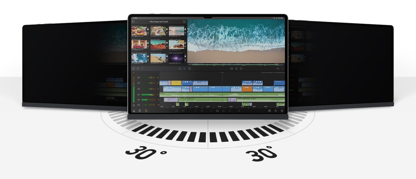 Vue avant de la Galaxy Tab S9 Ultra en mode paysage avec l&rsquo;&eacute;cran de confidentialit&eacute; appliqu&eacute; avec l&rsquo;&eacute;cran facilement visible &agrave; moins de 30&nbsp;degr&eacute;s. Les appareils &agrave; gauche et &agrave; droite, debout avec des angles inclin&eacute;s, semblent noircis.