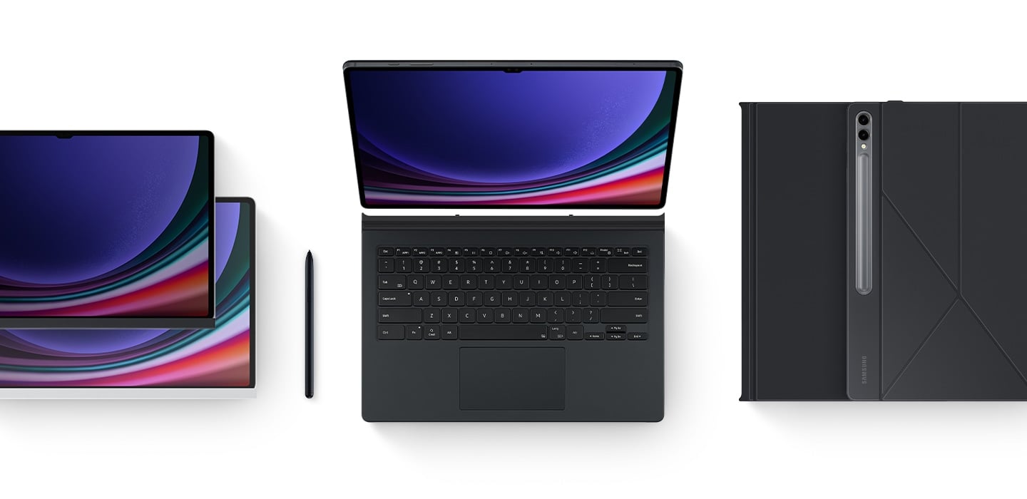Plusieurs accessoires de la Galaxy Tab S9 Ultra, dont un Book Cover Keyboard, un &eacute;cran de confidentialit&eacute;, un &eacute;cran NotePaper, deux Smart Book Covers et un S Pen,&nbsp;sont plac&eacute;s &agrave; c&ocirc;t&eacute; de la Galaxy Tab S9 Ultra.
