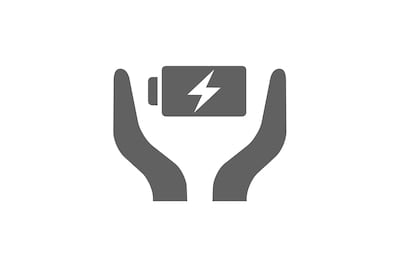 Ic&ocirc;ne de la fonction d'entretien de la batterie, repr&eacute;sent&eacute;e par deux mains derri&egrave;re une batterie en cours de charge.