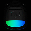Image of the SRS-XV800 control panel with backlit buttons and green and blue ambient lighting, on a black background