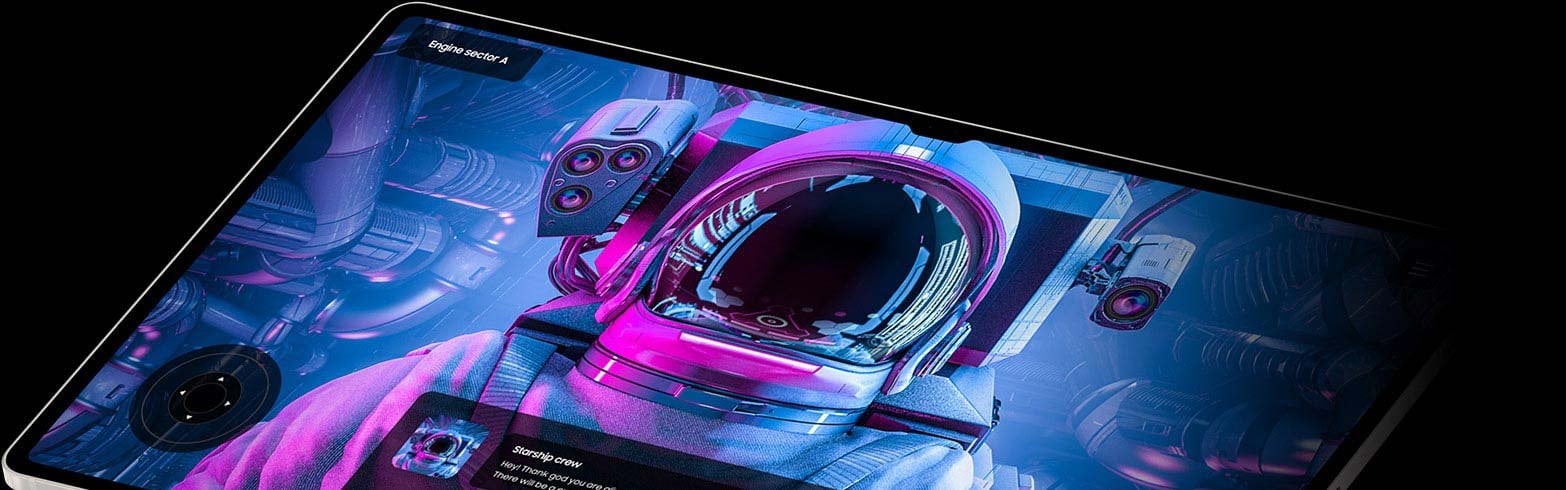 Une Galaxy Tab S9 en mode Paysage avec un jeu d&rsquo;action de science-fiction &agrave; l&rsquo;&eacute;cran.