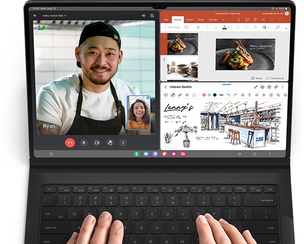Deux mains tapent sur un clavier Book Cover Keyboard de Tab S9. L&rsquo;&eacute;cran de l&rsquo;appareil est divis&eacute; en trois fen&ecirc;tres. Un appel vid&eacute;o avec un homme portant un tablier sur Google Meet est affich&eacute; sur la gauche. Sur la droite, des diapositives d&rsquo;images de cuisine sont affich&eacute;es dans le programme Microsoft 365 en haut et un dessin d&rsquo;une barre en bas.