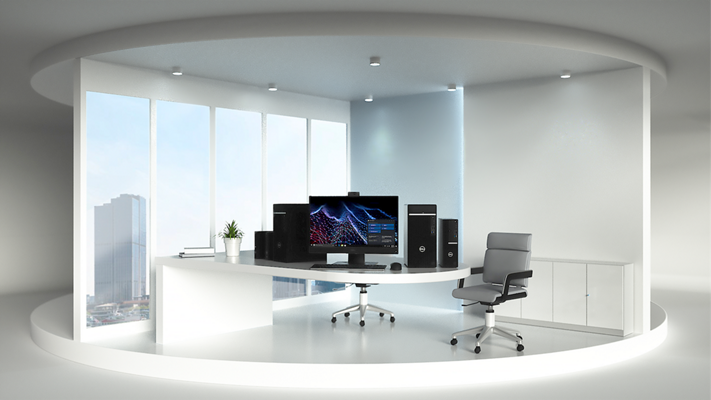 Image d&rsquo;une grande pi&egrave;ce lumineuse avec des meubles de bureau. Les produits&nbsp;Dell et les ordinateurs de bureau&nbsp;OptiPlex&nbsp;5000 au format tour sont pos&eacute;s sur une table blanche.