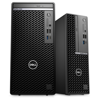 Image de deux ordinateurs de bureau Dell&nbsp;OptiPlex&nbsp;5000 au format tour plac&eacute;s c&ocirc;te &agrave; c&ocirc;te sur un fond blanc.