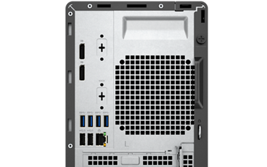 Image agrandie de l&rsquo;arri&egrave;re de l&rsquo;ordinateur de bureau Dell&nbsp;OptiPlex&nbsp;5000 pour afficher les ports et les diff&eacute;rents d&eacute;tails. Fond blanc.