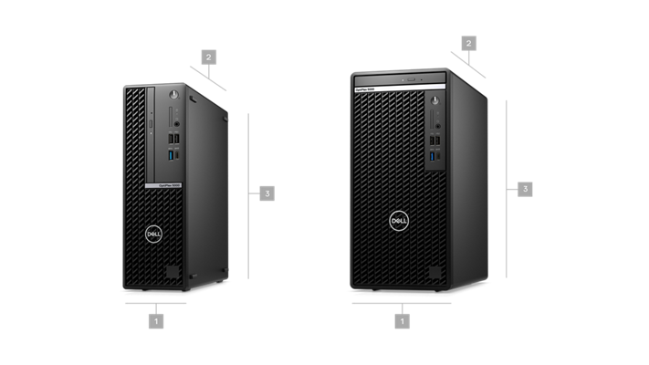 Image de deux ordinateurs de bureau Dell&nbsp;OptiPlex&nbsp;5000 au format bureau auxquels les num&eacute;ros&nbsp;1 &agrave;&nbsp;3 ont &eacute;t&eacute; ajout&eacute;s pour indiquer les dimensions et le poids du produit.