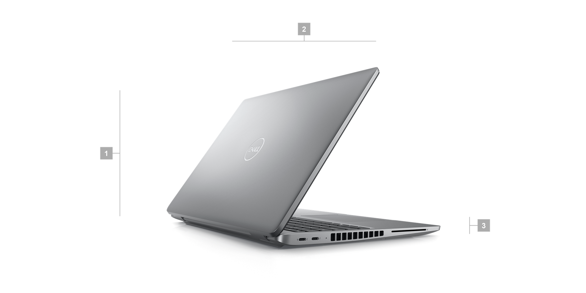 Ordinateur portable&nbsp;Dell&nbsp;Latitude&nbsp;15&nbsp;5540 avec des num&eacute;ros de&nbsp;1 &agrave;&nbsp;3 indiquant les dimensions et le poids du produit.