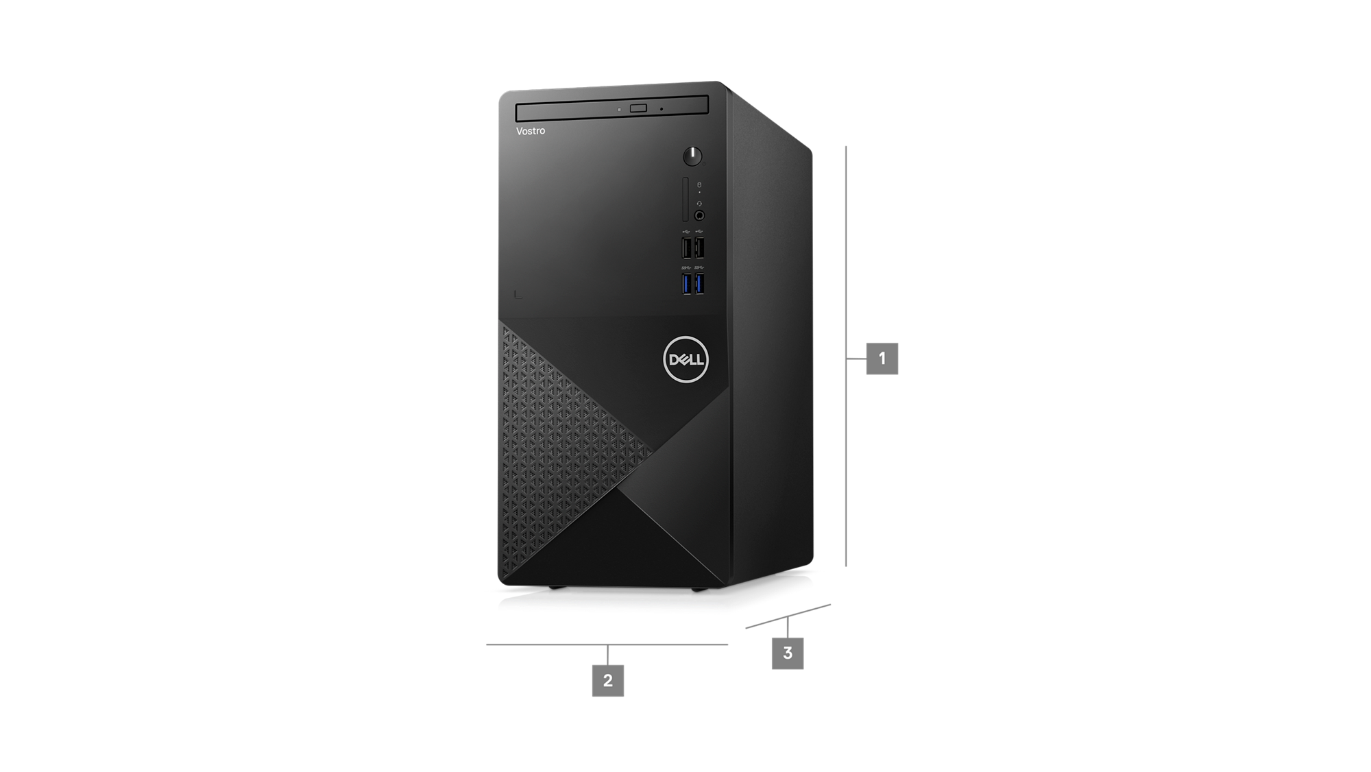 Image d&rsquo;un ordinateur de bureau avec tour Dell&nbsp;Vostro&nbsp;3910 avec des chiffres compris entre&nbsp;1 et&nbsp;3 qui indiquent les dimensions et le poids du produit.