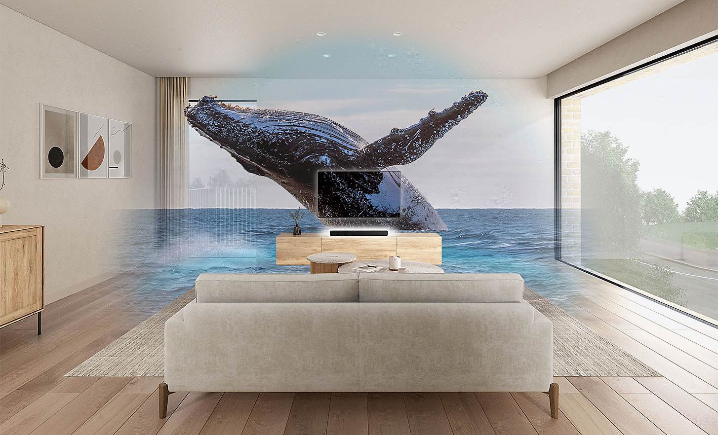 Image d'un salon avec un t&eacute;l&eacute;viseur et une barre de son HT-S2000 au centre, une image de baleine en filigrane se trouvant au-dessus