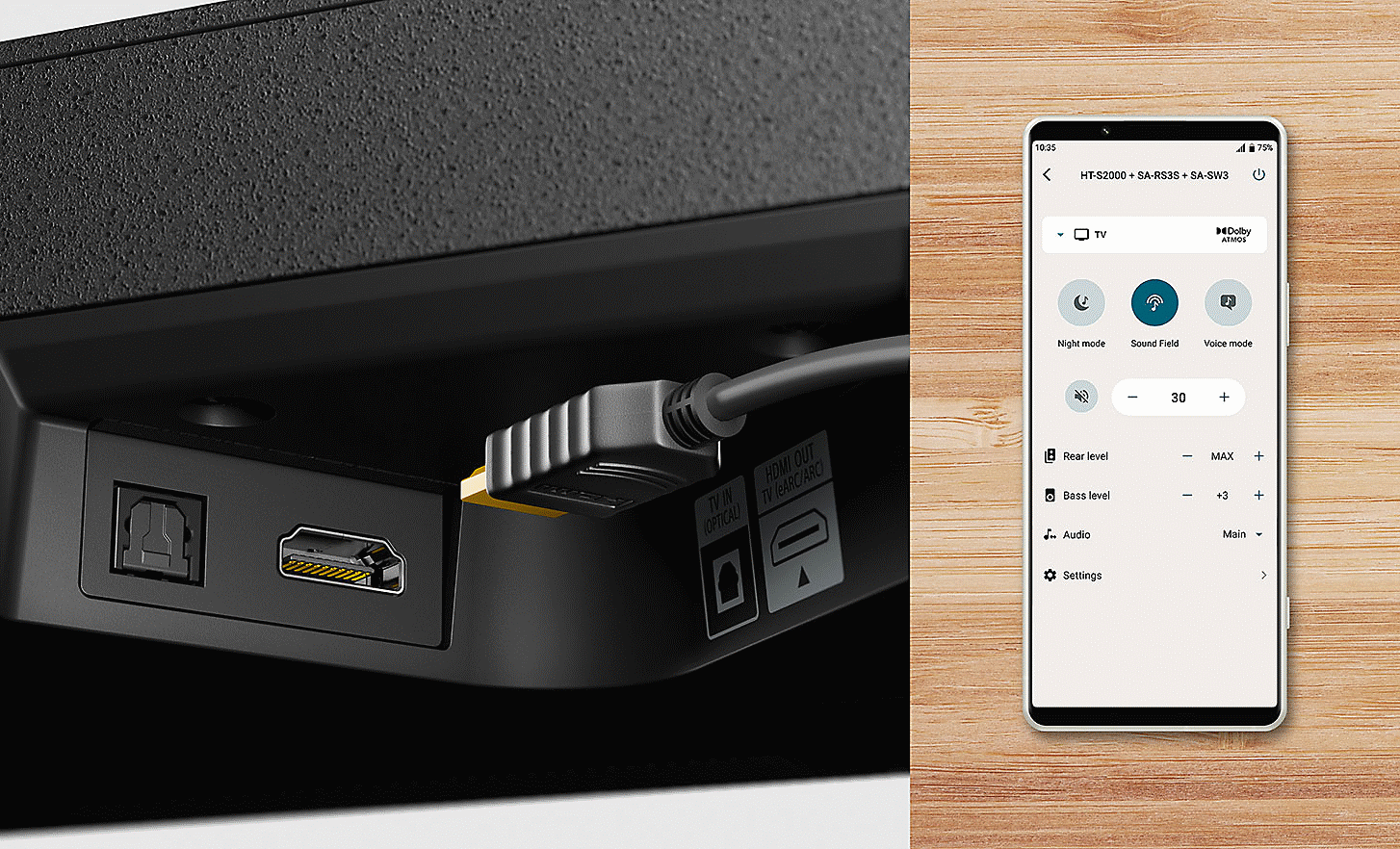 Gros plan du port HDMI de la HT-S2000 et d'un c&acirc;ble HDMI, avec l'image d'un t&eacute;l&eacute;phone portable affichant les r&eacute;glages