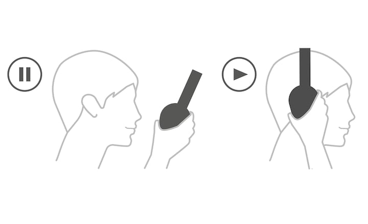Illustration de deux t&ecirc;tes, l'une sans casque avec le symbole Pause, l'autre portant un casque avec le symbole Lecture