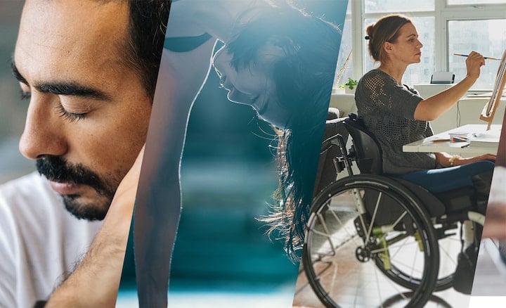 Image d'une personne &eacute;coutant quelque chose avec les yeux ferm&eacute;s, une autre personne s'&eacute;tirant et une troisi&egrave;me en train de peindre dans un fauteuil roulant