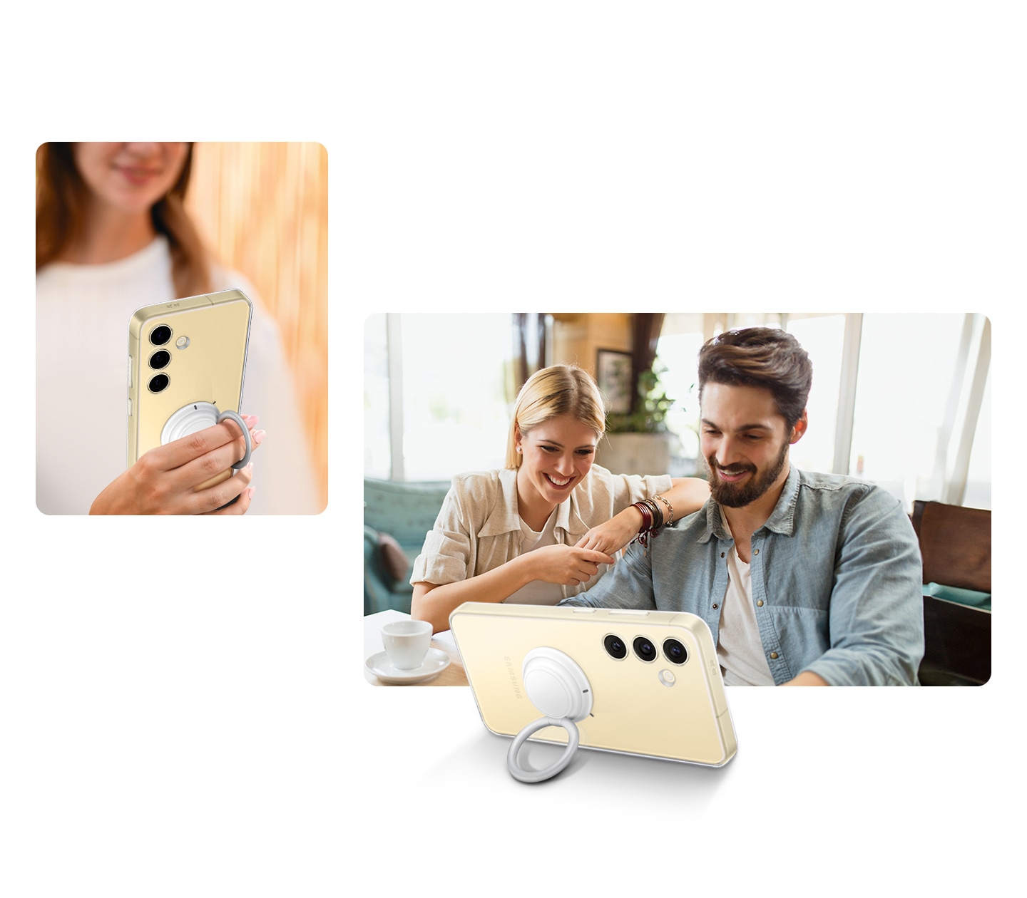 Gros plan d&rsquo;une femme tenant la poign&eacute;e de l&rsquo;&eacute;tui gadget transparent avec une grande facilit&eacute;. Ensuite, on voit un couple avec le Galaxy S24 dans l&rsquo;&eacute;tui gadget transparent, avec la poign&eacute;e r&eacute;gl&eacute;e comme pied pour un visionnement mains libres.