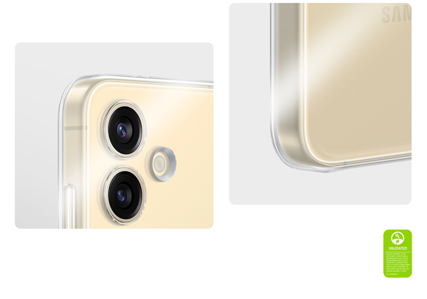 Le gros plan du Galaxy S24 dans l&rsquo;&eacute;tui gadget transparent met l&rsquo;accent sur les bords de l&rsquo;appareil, montrant la transparence de l&rsquo;&eacute;tui. Il y a un effet de mouvement qui ajoute de la luminosit&eacute; pour mettre en &eacute;vidence la transparence de l&rsquo;&eacute;tui. Le texte indique que L&rsquo;&Eacute;TUI GADGET TRANSPARENT CERTIFI&Eacute; UL (EF-XS921) CONTIENT AU MOINS 9,6&nbsp;% DE MATI&Egrave;RES RECYCL&Eacute;ES POST-CONSOMMATION, AVEC 21&nbsp;% DE MATI&Egrave;RES RECYCL&Eacute;ES POST-CONSOMMATION DANS LA POIGN&Eacute;E ET LA SANGLE DE L&rsquo;&Eacute;TUI GADGET TRANSPARENT. UL.COM/ECV