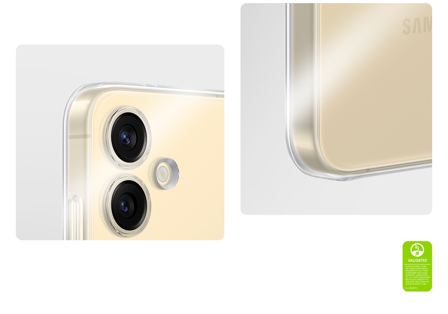 Le gros plan du Galaxy S24 Plus dans l&rsquo;&eacute;tui gadget transparent met l&rsquo;accent sur les bords de l&rsquo;appareil, montrant la transparence de l&rsquo;&eacute;tui. Il y a un effet de mouvement qui ajoute de la luminosit&eacute; pour mettre en &eacute;vidence la transparence de l&rsquo;&eacute;tui. Le texte indique que L&rsquo;&Eacute;TUI GADGET TRANSPARENT CERTIFI&Eacute; UL (EF-XS926) CONTIENT AU MOINS 9,0&nbsp;% DE MATI&Egrave;RES RECYCL&Eacute;ES POST-CONSOMMATION, AVEC 21&nbsp;% DE MATI&Egrave;RES RECYCL&Eacute;ES POST-CONSOMMATION DANS LA POIGN&Eacute;E ET LA SANGLE DE L&rsquo;&Eacute;TUI GADGET TRANSPARENT. UL.COM/ECV