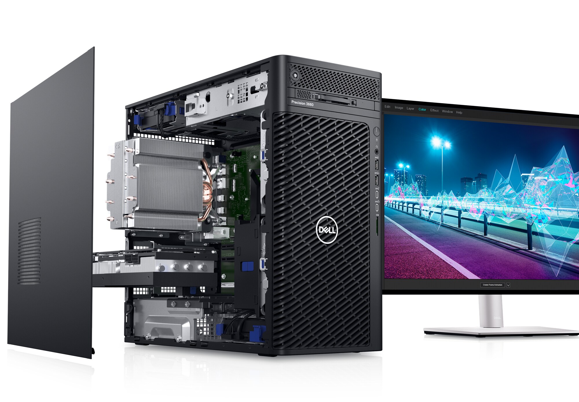 Image d&rsquo;une station de travail&nbsp;Dell&nbsp;Precision&nbsp;3660 au format tour d&eacute;mont&eacute;e pr&eacute;sentant l&rsquo;int&eacute;rieur du produit avec un &eacute;cran&nbsp;Dell&nbsp;&agrave; c&ocirc;t&eacute;.