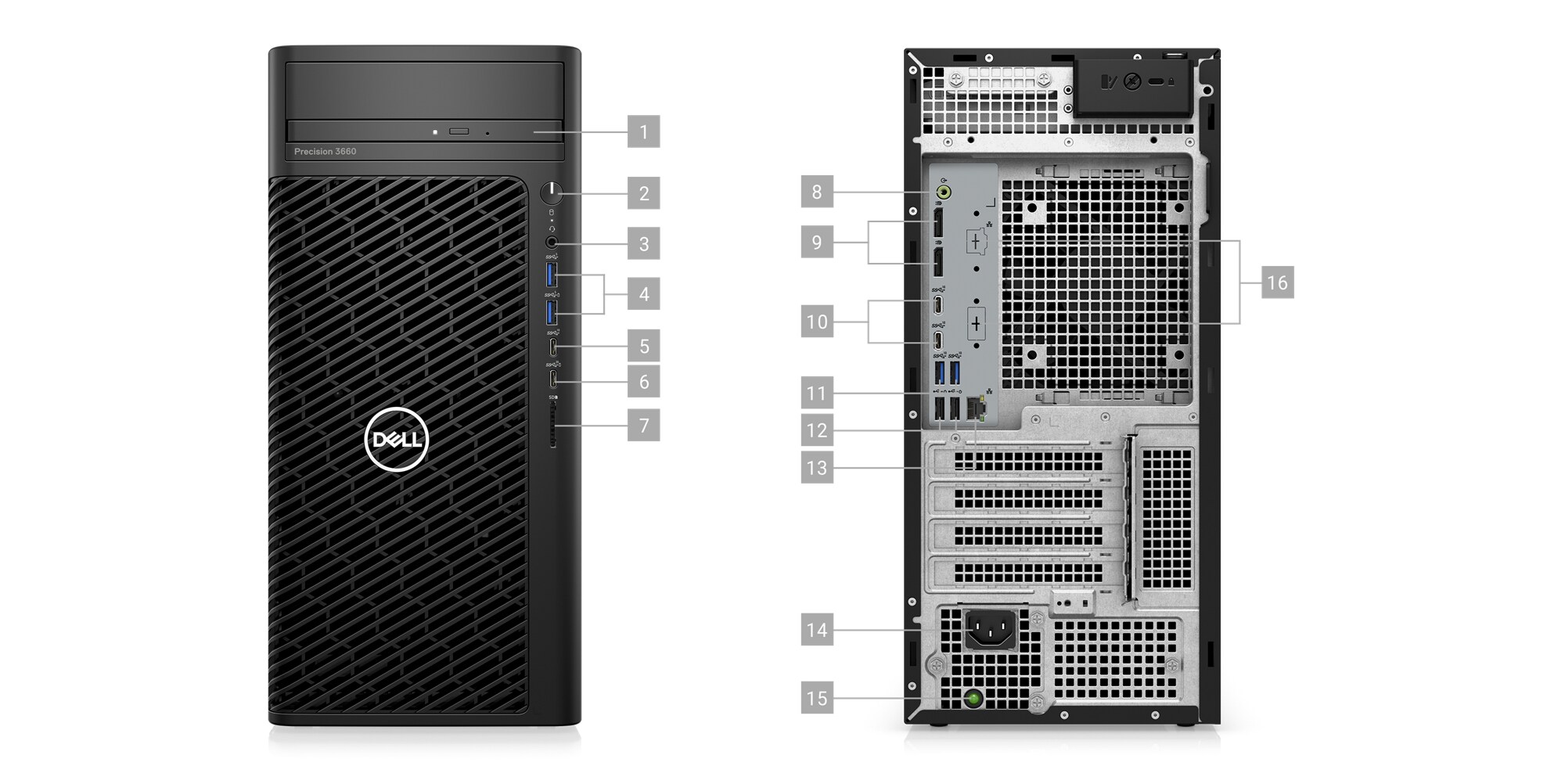 Image de deux&nbsp;stations de travail fixes&nbsp;Dell&nbsp;Precision&nbsp;3660 auxquelles les num&eacute;ros&nbsp;1 &agrave;&nbsp;16 ont &eacute;t&eacute; ajout&eacute;s pour indiquer les ports et logements du produit.