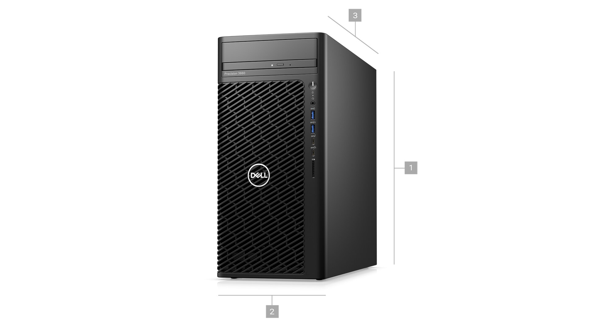 Image d&rsquo;une station de travail fixe&nbsp;Dell&nbsp;Precision&nbsp;3660 avec des chiffres compris entre&nbsp;1 et&nbsp;3 qui indiquent les dimensions et le poids du produit.