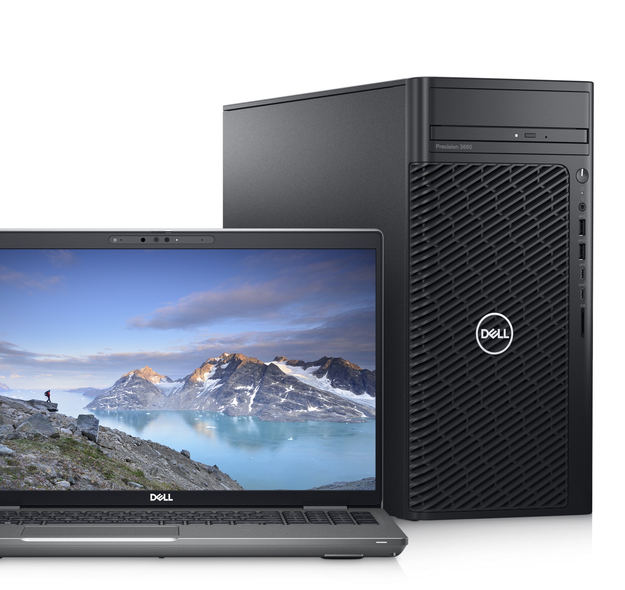 Image d&rsquo;une station de travail Dell&nbsp;Precision&nbsp;3660 fixe avec un &eacute;cran&nbsp;Dell &agrave; c&ocirc;t&eacute;.