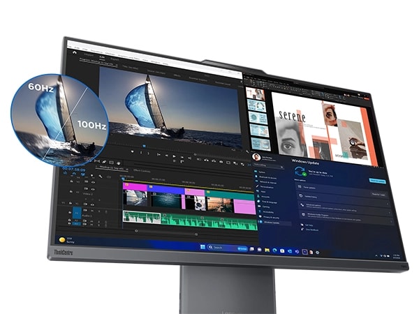 Lenovo ThinkCentre Neo 50a G5 27&Prime; all-in-one desktop PC -- front view, showing photo editing software on the screen with separate callouts demonstrating difference between 60Hz and 100Hz refresh rates.