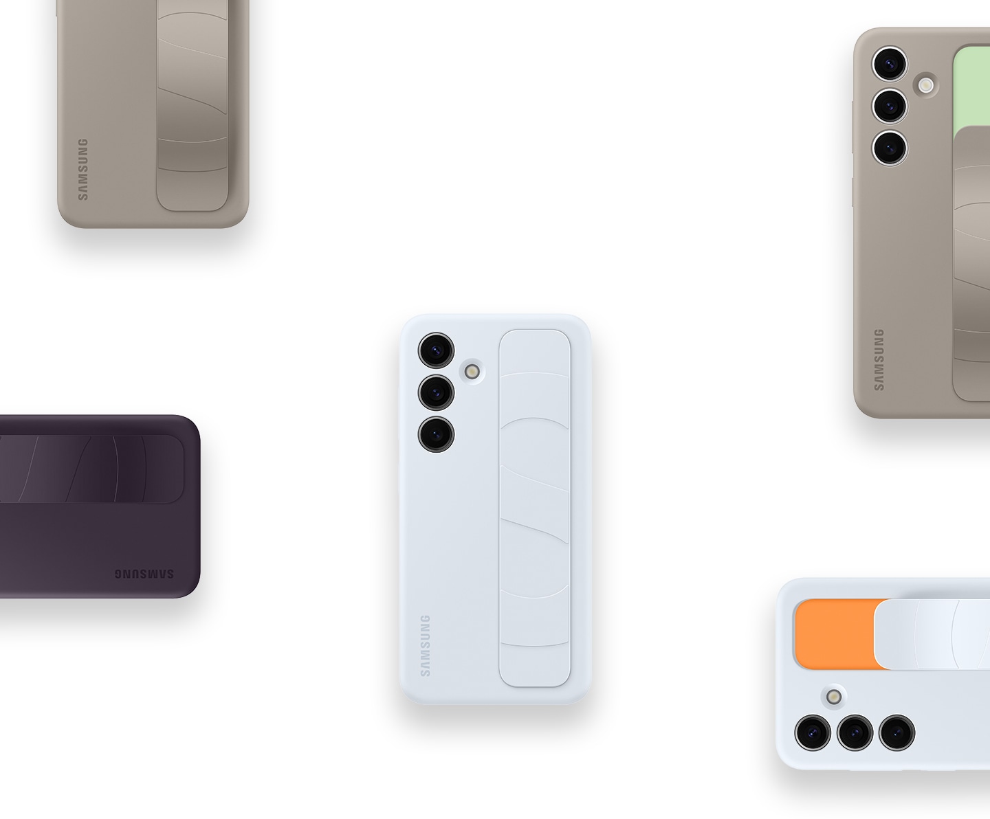Les &eacute;tuis ergonomiques verticaux Bleu Clair, Taupe et Prune Fonc&eacute; du Galaxy S24 sont dispos&eacute;s de mani&egrave;re ordonn&eacute;e, ce qui montre la polyvalence du produit. Affich&eacute;e sans bordures, la forme rectangulaire de l&rsquo;&eacute;tui v&eacute;hicule une impression d&rsquo;organisation.
