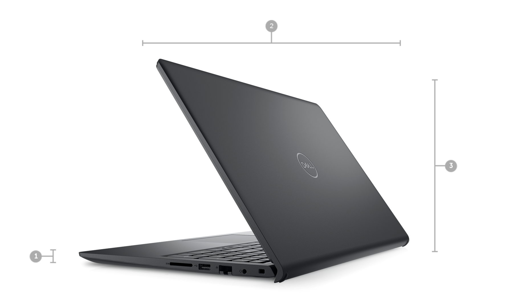 Ordinateur portable&nbsp;Dell&nbsp;Vostro&nbsp;15&nbsp;3530 avec des num&eacute;ros allant de&nbsp;1 &agrave;&nbsp;3 indiquant les dimensions et le poids du produit.