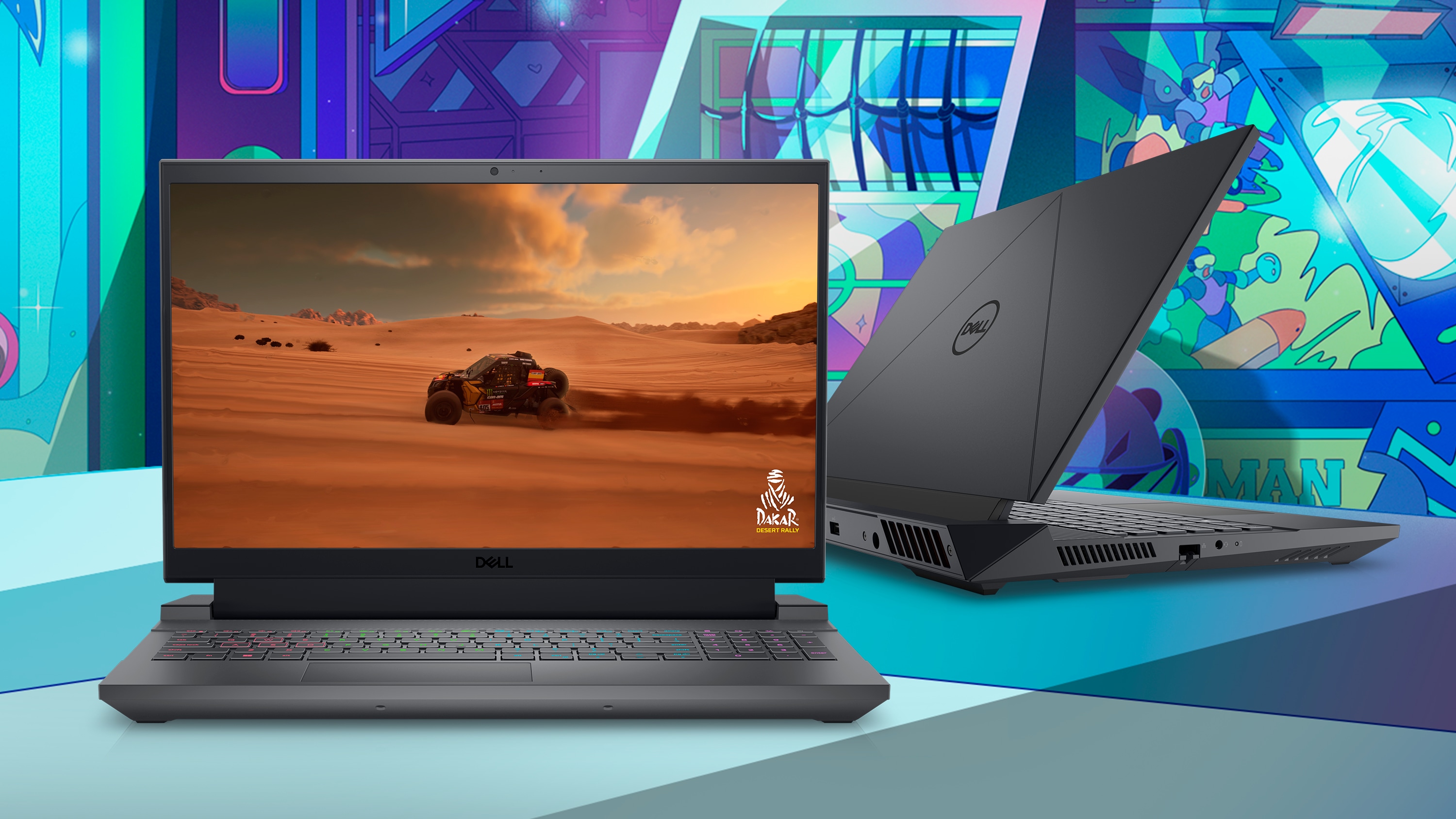 Personnages de dessin anim&eacute; utilisant des ordinateurs portables gaming Dell G-Series 15 5530. 