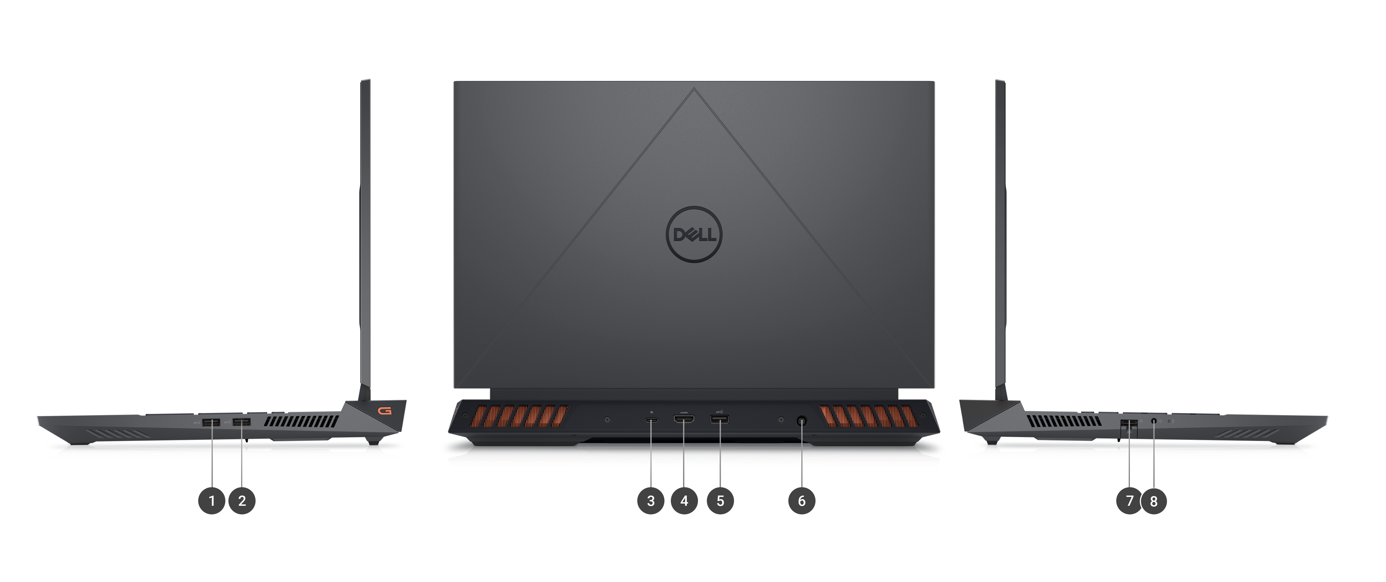 Ordinateur portable gaming&nbsp;Dell G-Series&nbsp;15&nbsp;5530 avec des num&eacute;ros compris entre&nbsp;1 et&nbsp;8 indiquant les ports et les logements du produit.