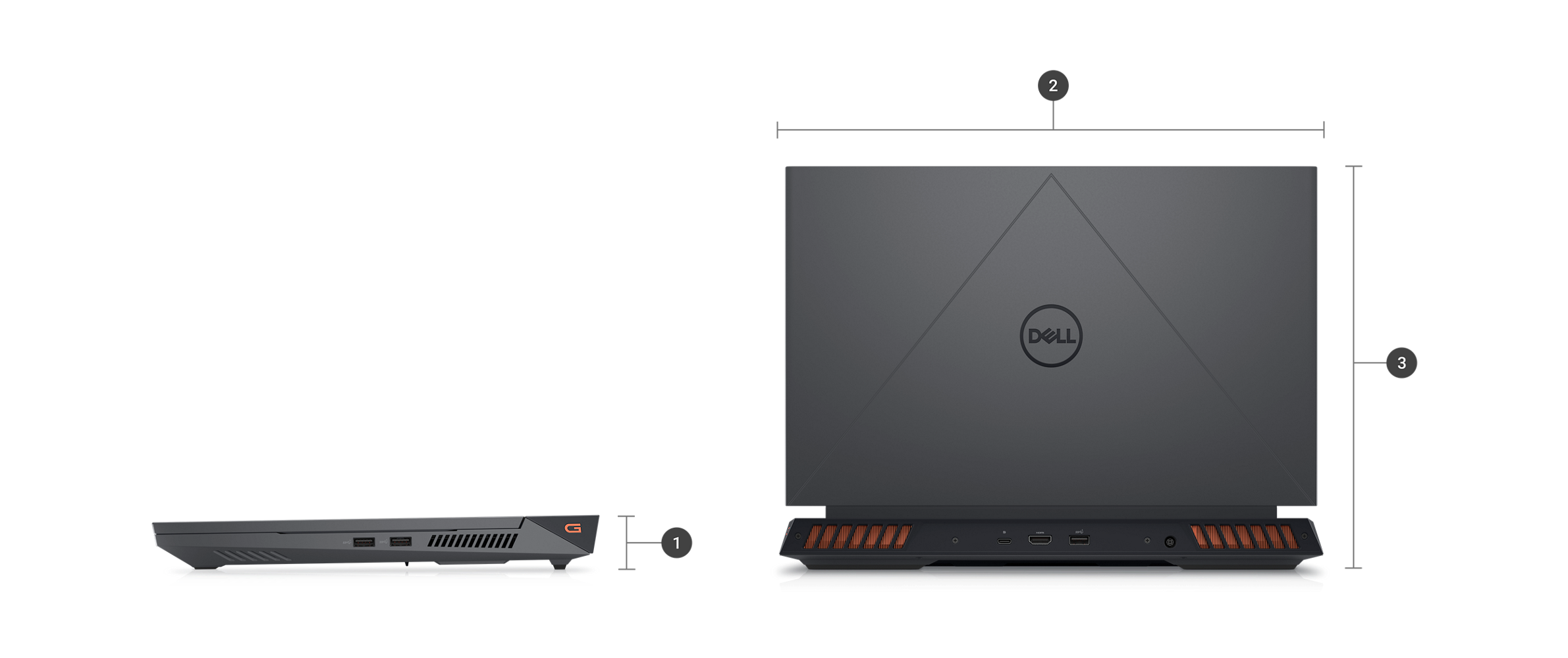 Ordinateur portable gaming&nbsp;Dell G-Series&nbsp;15&nbsp;5530 avec des num&eacute;ros compris entre&nbsp;1 et&nbsp;3 indiquant les dimensions et le poids du produit.