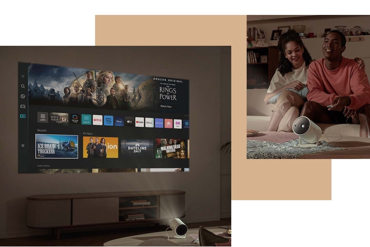 Samsung Smart TV features are projected onto the wall by The Freestyle. A happy couple is sitting on a couch with The Freestyle in front of them.