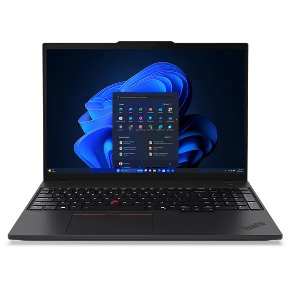Ordinateur portable Lenovo ThinkPad T16 Gen 3 (16'' Intel) — vue de face, capot ouvert, avec menu Windows à l'écran.